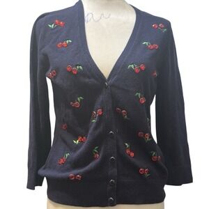7th Ave design studio new york co Navy Blue Cardigan With Cherry Accents Size Sm